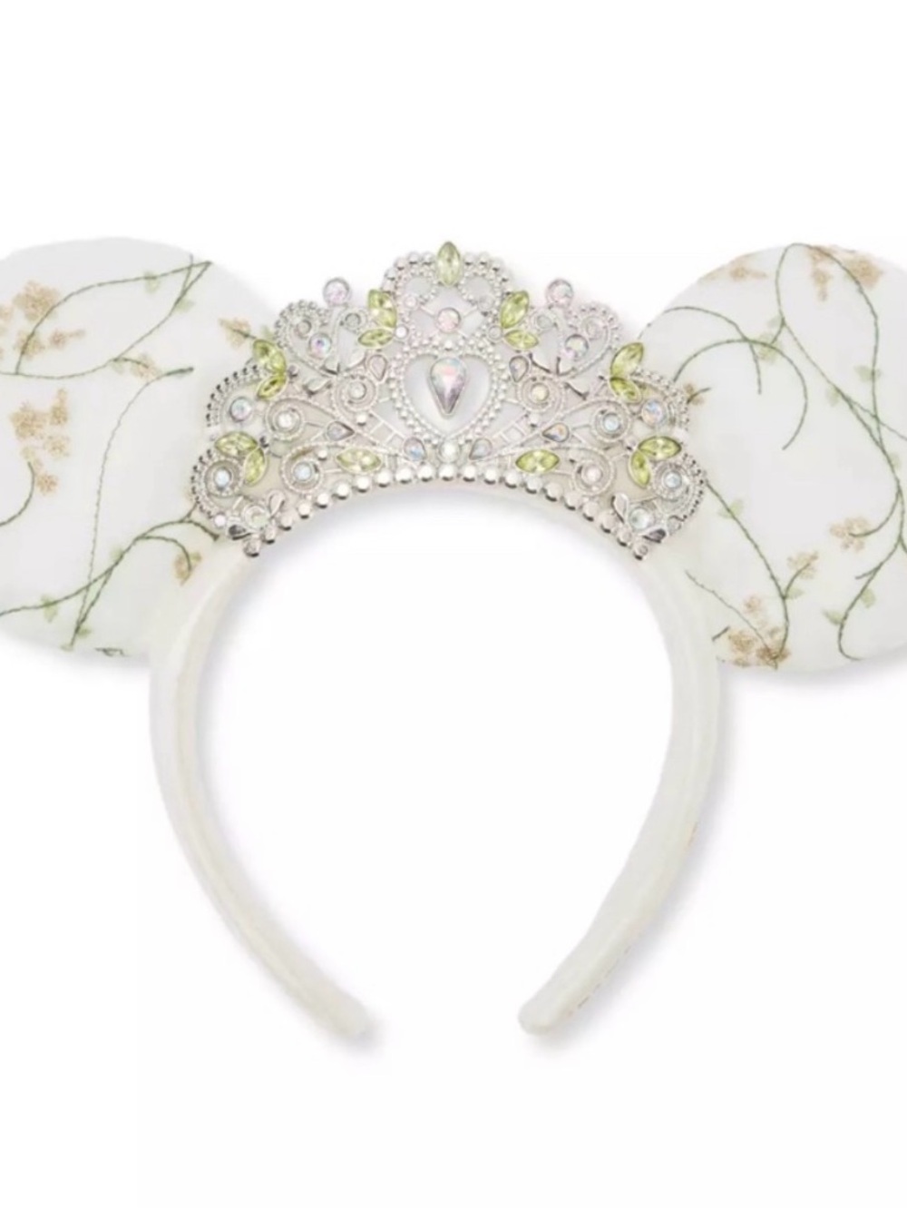Disney White Floral Mouse Ear Headband with Silver and Pale Green Tiara